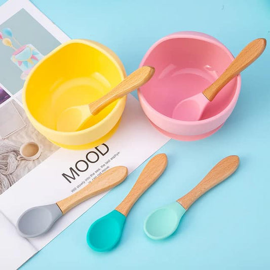 Plato bowl Silicona con Cuchara Mango Bambú