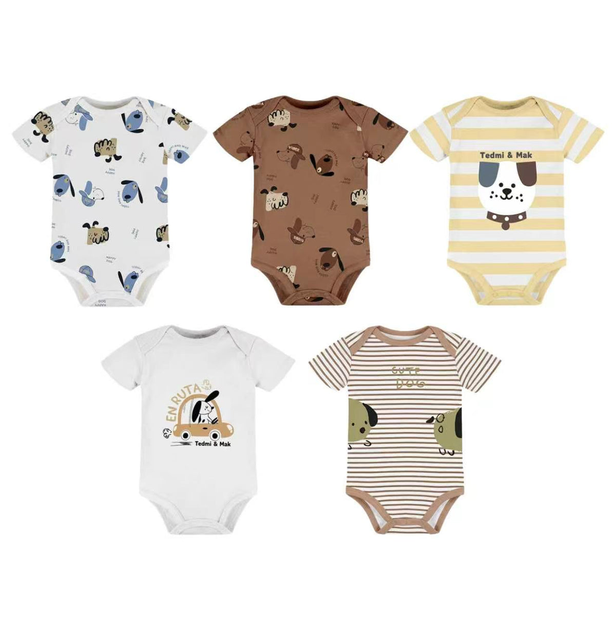 Set 5 Bodys M/C Bebé Perro Café