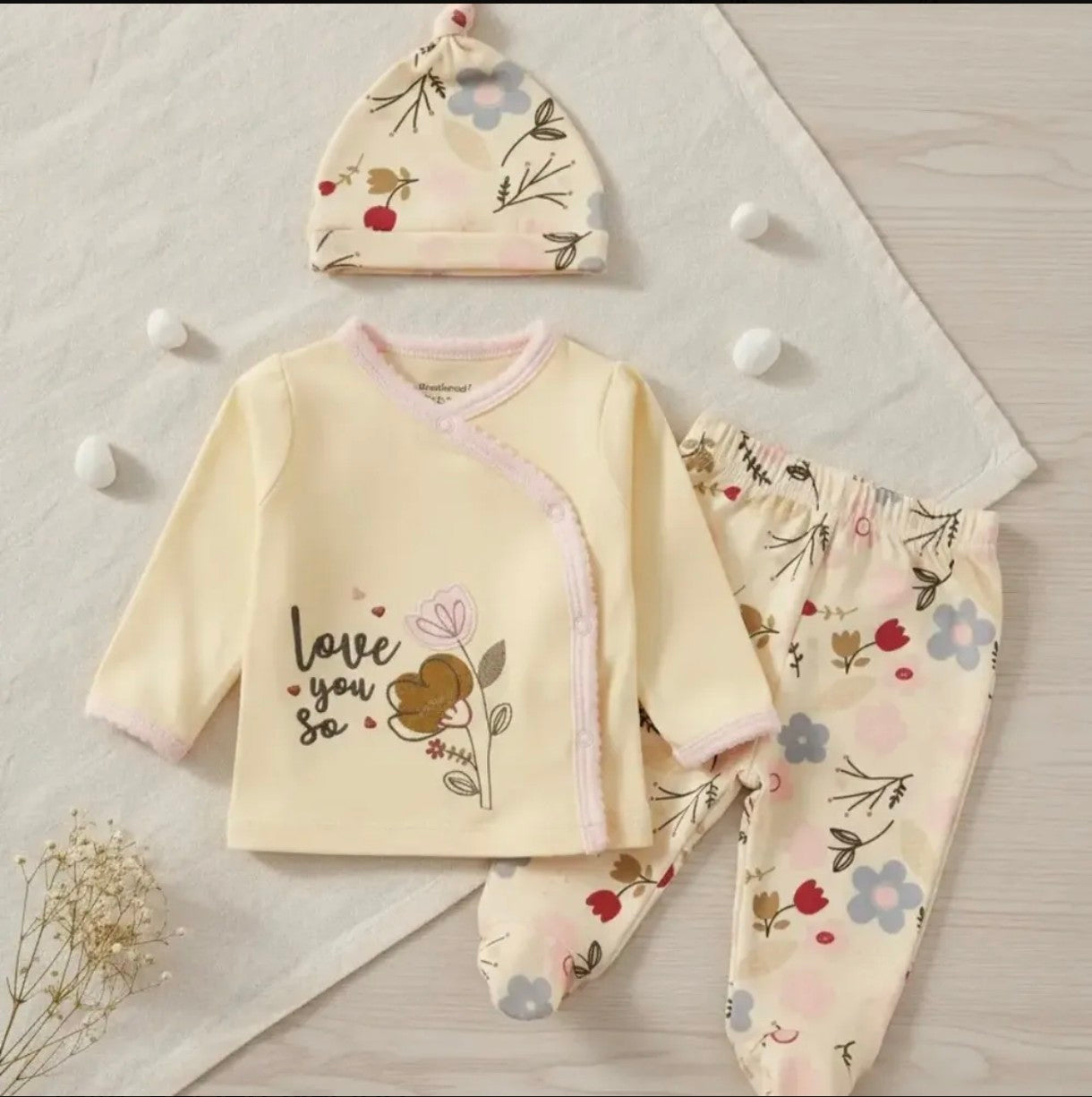 Pijama Algodón con Gorro Algodón Flores Crema