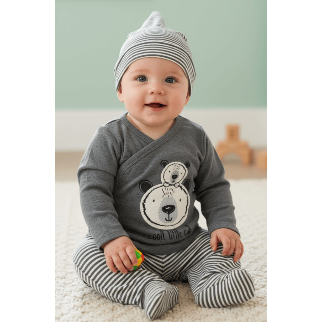 Pijama Algodón con Gorro Algodón Oso Gris