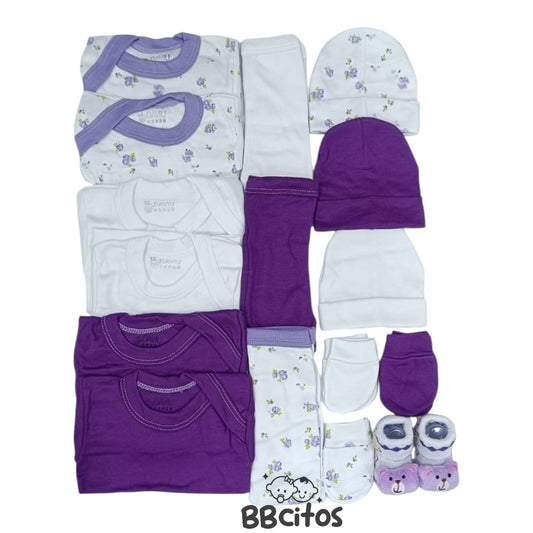 Set Ajuar Nacimiento Bebé Algodón Hipoalergénico Morado