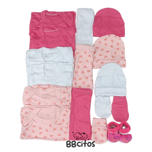 Set Ajuar Nacimiento Bebé Algodón Hipoalergénico Corazones