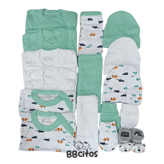 Set Ajuar Nacimiento Bebé Algodón Hipoalergénico Autitos verde