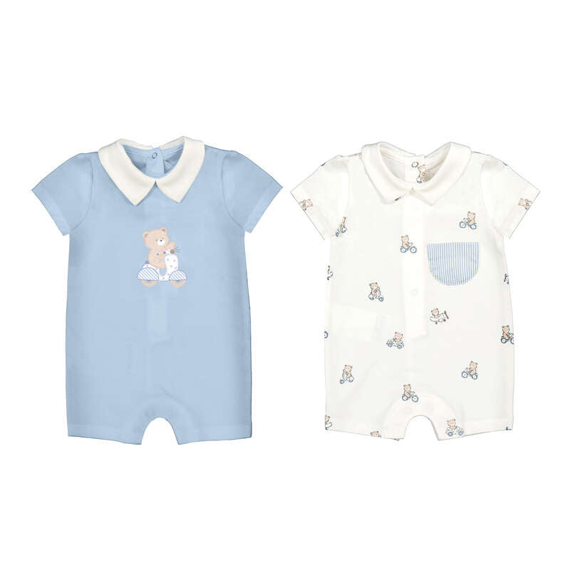 Set 2 Enteritos Cortos Recién Nacido | Cuello Polo Osito Blanco y Celeste