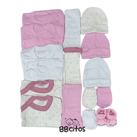 Set Ajuar Nacimiento Bebé Algodón Hipoalergénico Mini corazones