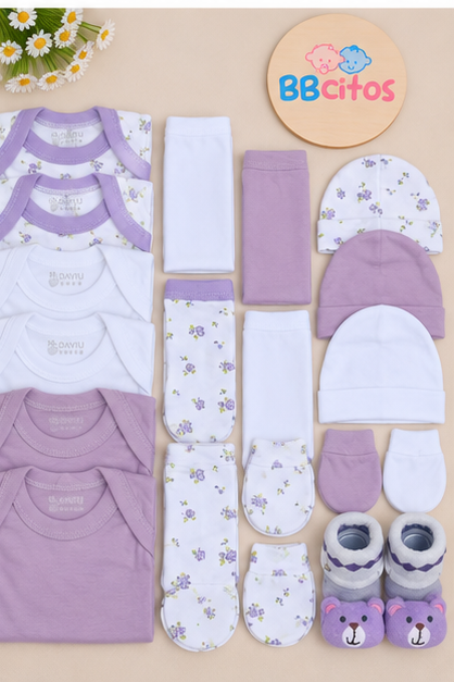 Set Ajuar Nacimiento Bebé Algodón Hipoalergénico Lila