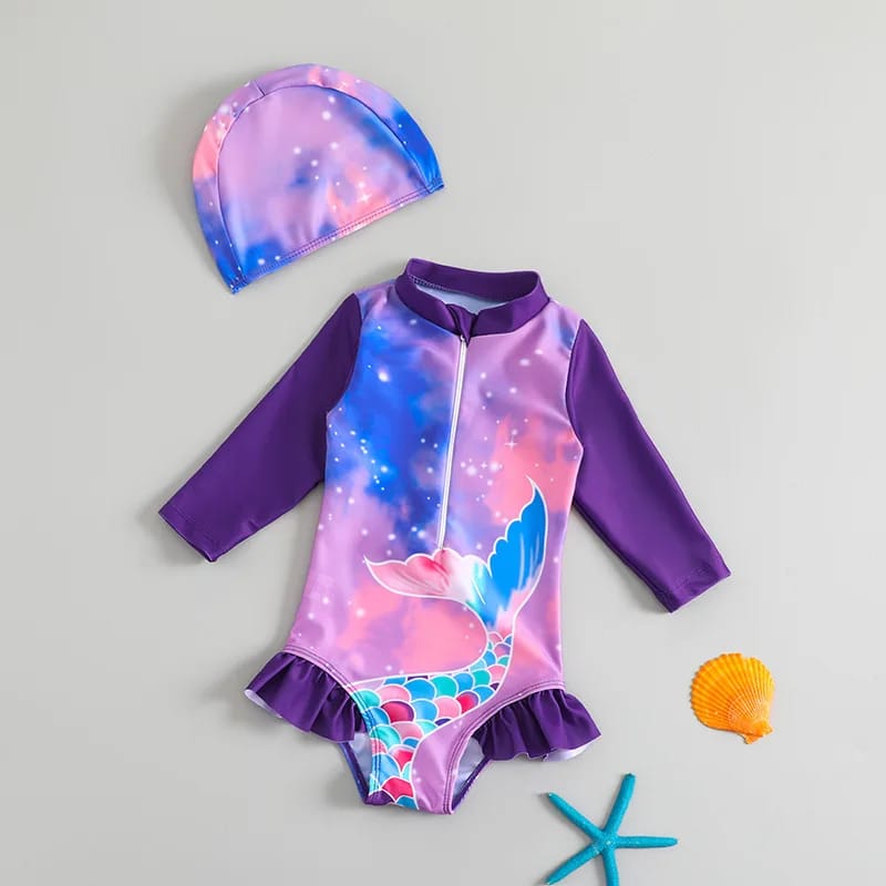Traje de Baño Manga Larga Sirena con Gorro