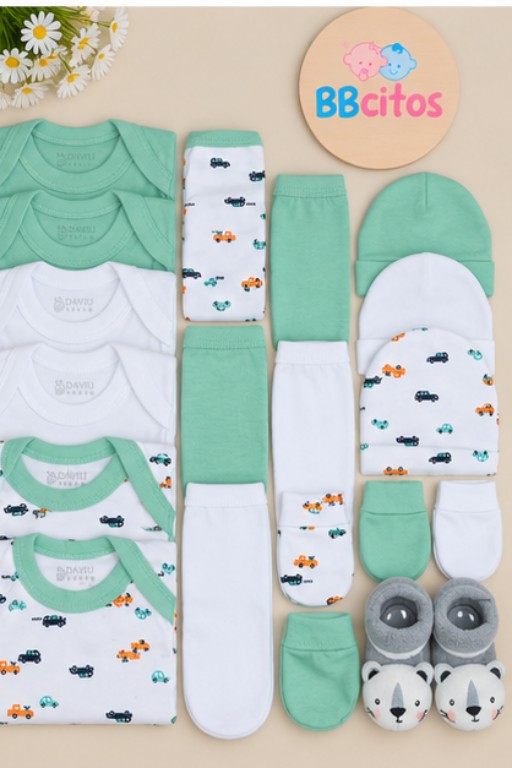 Set Ajuar Nacimiento Bebé Algodón Hipoalergénico Autitos verde