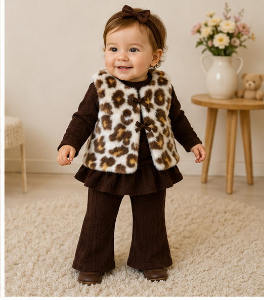 Conjunto Beba Top + Pantalón Acampanado + Chaleco Peludito + Cintillo