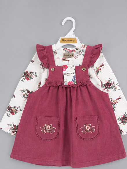 Vestido Cotelé Beba | Jumper con Bordado Floral + Polera Manga Larga