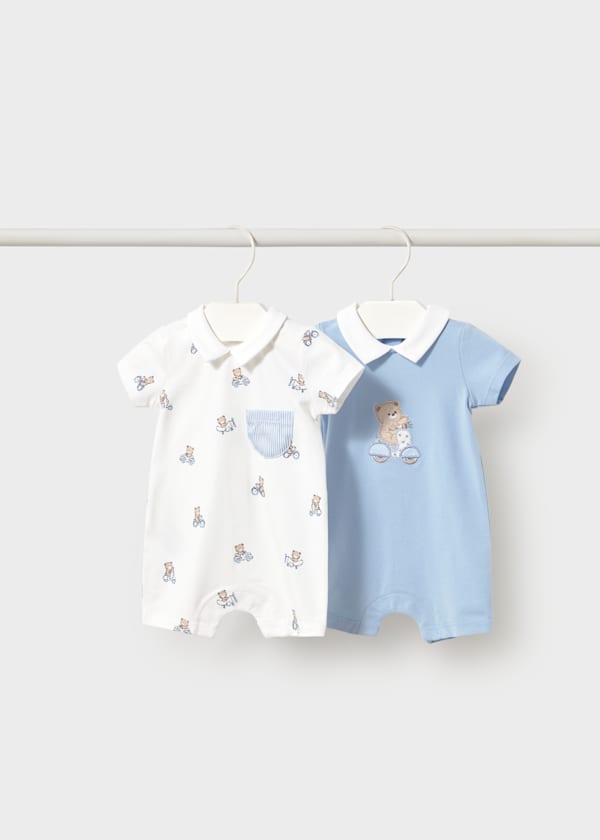 Set 2 Enteritos Cortos Recién Nacido | Cuello Polo Osito Blanco y Celeste