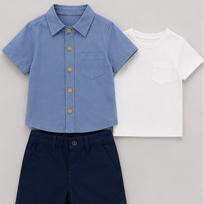 Conjunto Mezclilla Bebé Niño 3 Piezas | Camisa + Polera + Short | 3 Tonos