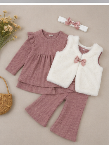 Conjunto Beba Top + Pantalón Acampanado + Chaleco Peludito + Cintillo
