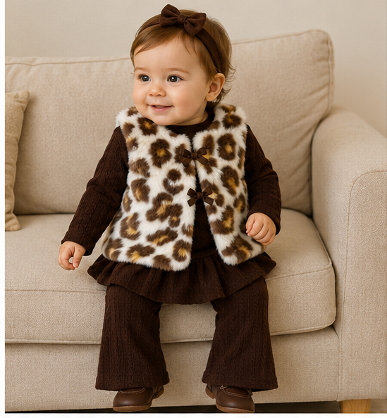 Conjunto Beba Top + Pantalón Acampanado + Chaleco Peludito + Cintillo