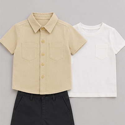Conjunto Mezclilla Bebé Niño 3 Piezas | Camisa + Polera + Short | 3 Tonos