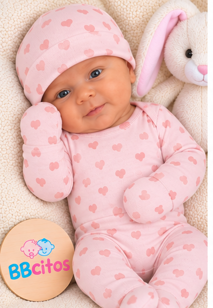 Set Ajuar Nacimiento Bebé Algodón Hipoalergénico Corazones