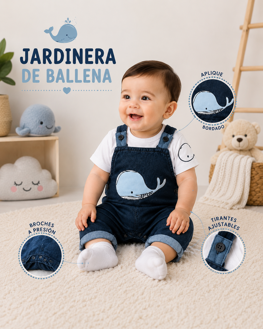 Jardinera Bebé Bordada | Conjunto con Polera Verano Niño | Ballena o Cebra