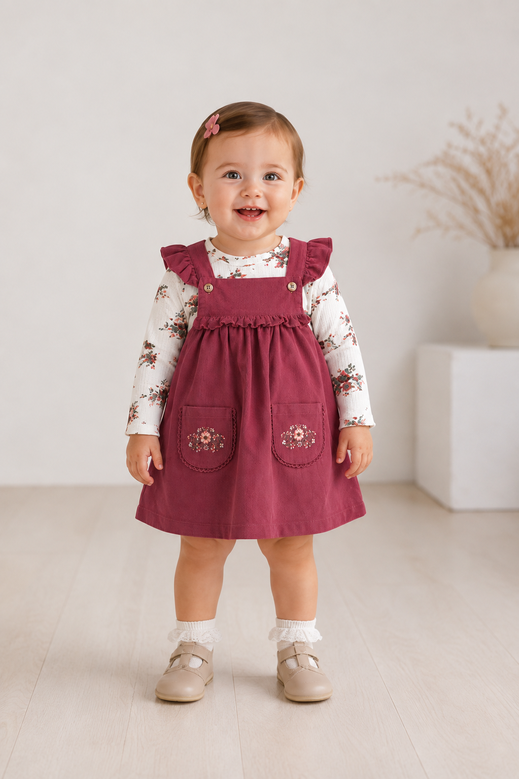 Vestido Cotelé Beba | Jumper con Bordado Floral + Polera Manga Larga