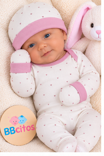 Set Ajuar Nacimiento Bebé Algodón Hipoalergénico Mini corazones