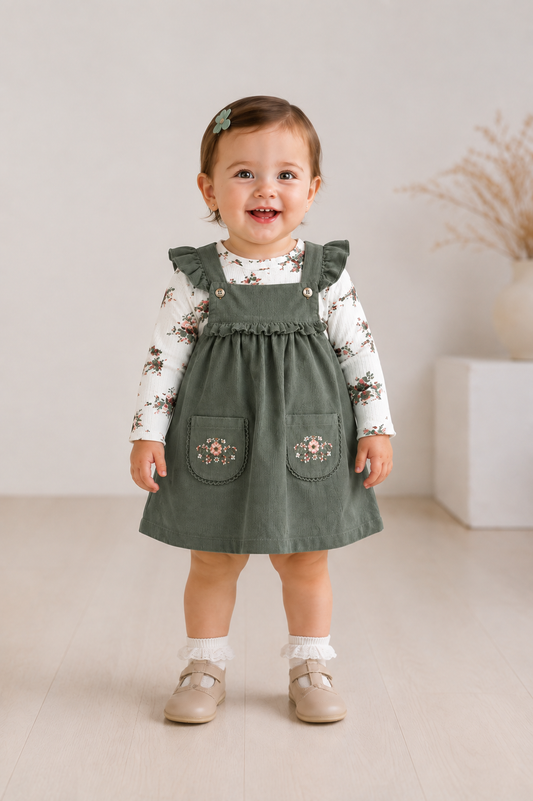 Vestido Cotelé Beba | Jumper con Bordado Floral + Polera Manga Larga