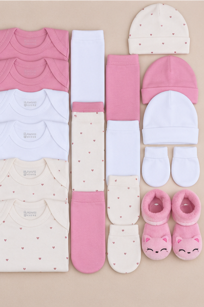 Set Ajuar Nacimiento Bebé Algodón Hipoalergénico Mini corazones