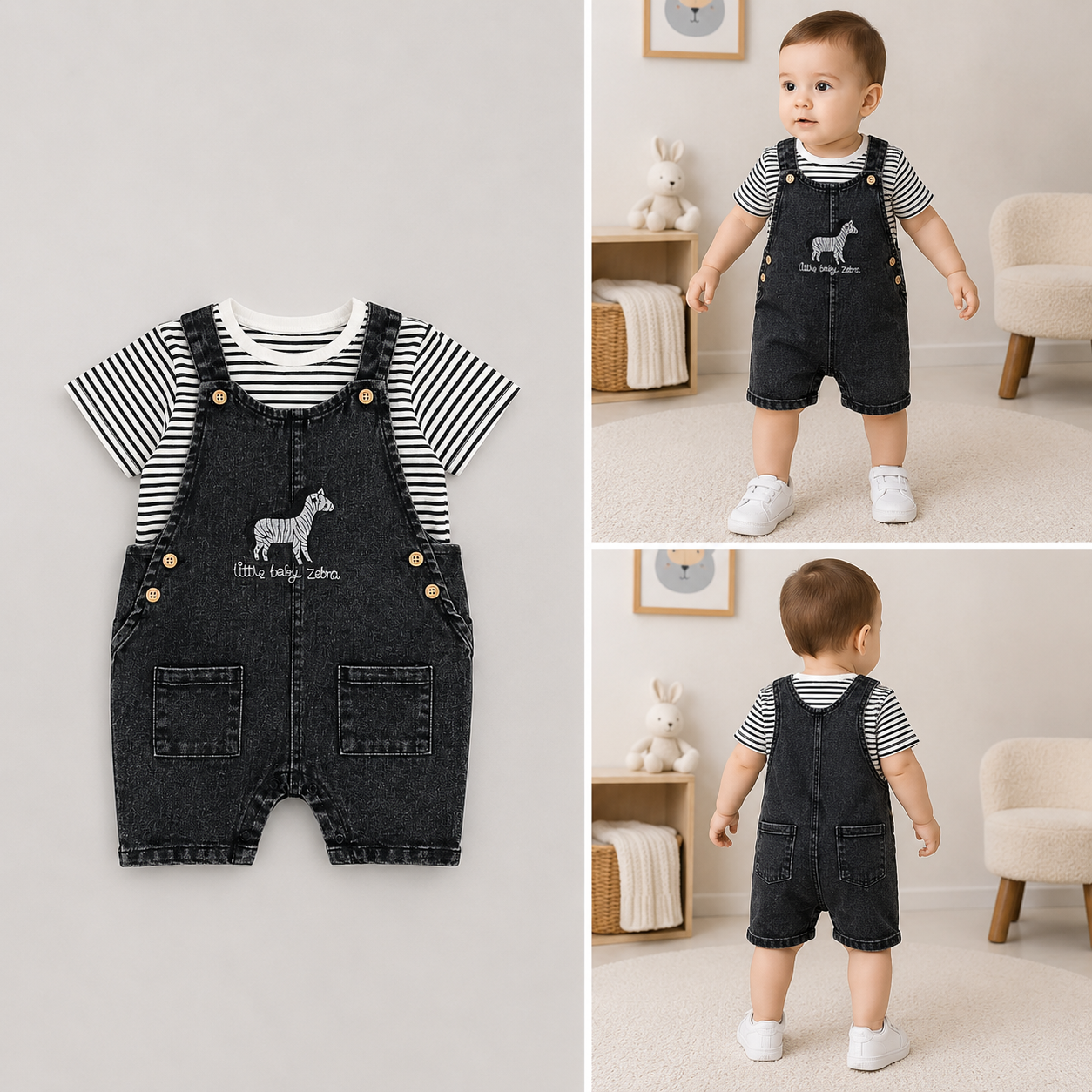 Jardinera Bebé Bordada | Conjunto con Polera Verano Niño | Ballena o Cebra