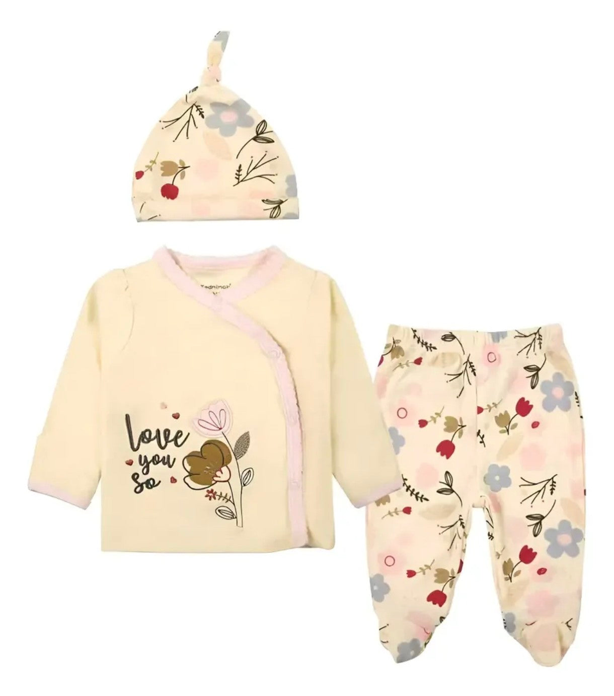 Pijama Algodón con Gorro Algodón Flores Crema