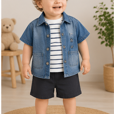 Conjunto Mezclilla Bebé Niño 3 Piezas | Camisa + Polera + Short | 3 Tonos