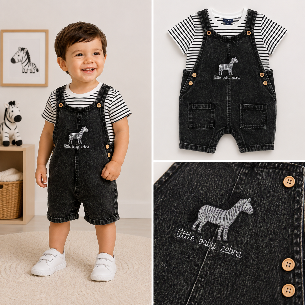 Jardinera Bebé Bordada | Conjunto con Polera Verano Niño | Ballena o Cebra