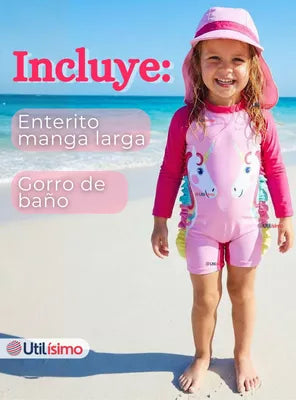 Traje de Baño Enterito Unicornio con Gorro
