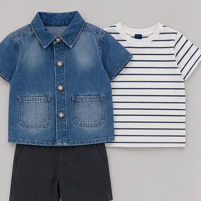 Conjunto Mezclilla Bebé Niño 3 Piezas | Camisa + Polera + Short | 3 Tonos