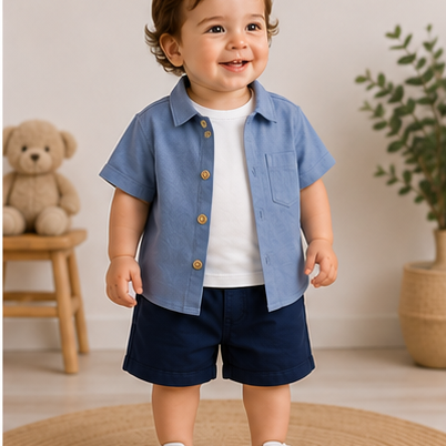 Conjunto Mezclilla Bebé Niño 3 Piezas | Camisa + Polera + Short | 3 Tonos