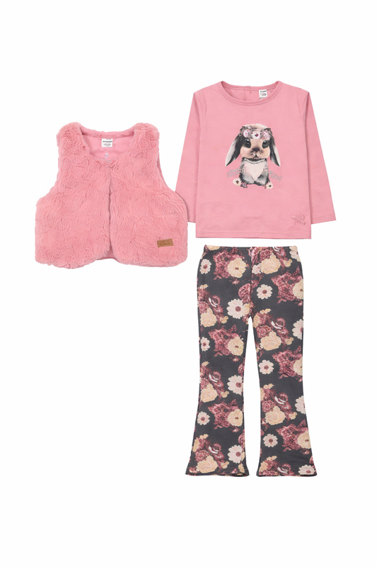 Conjunto Niña 3 Piezas – Chaleco + Polera + Calza Floral