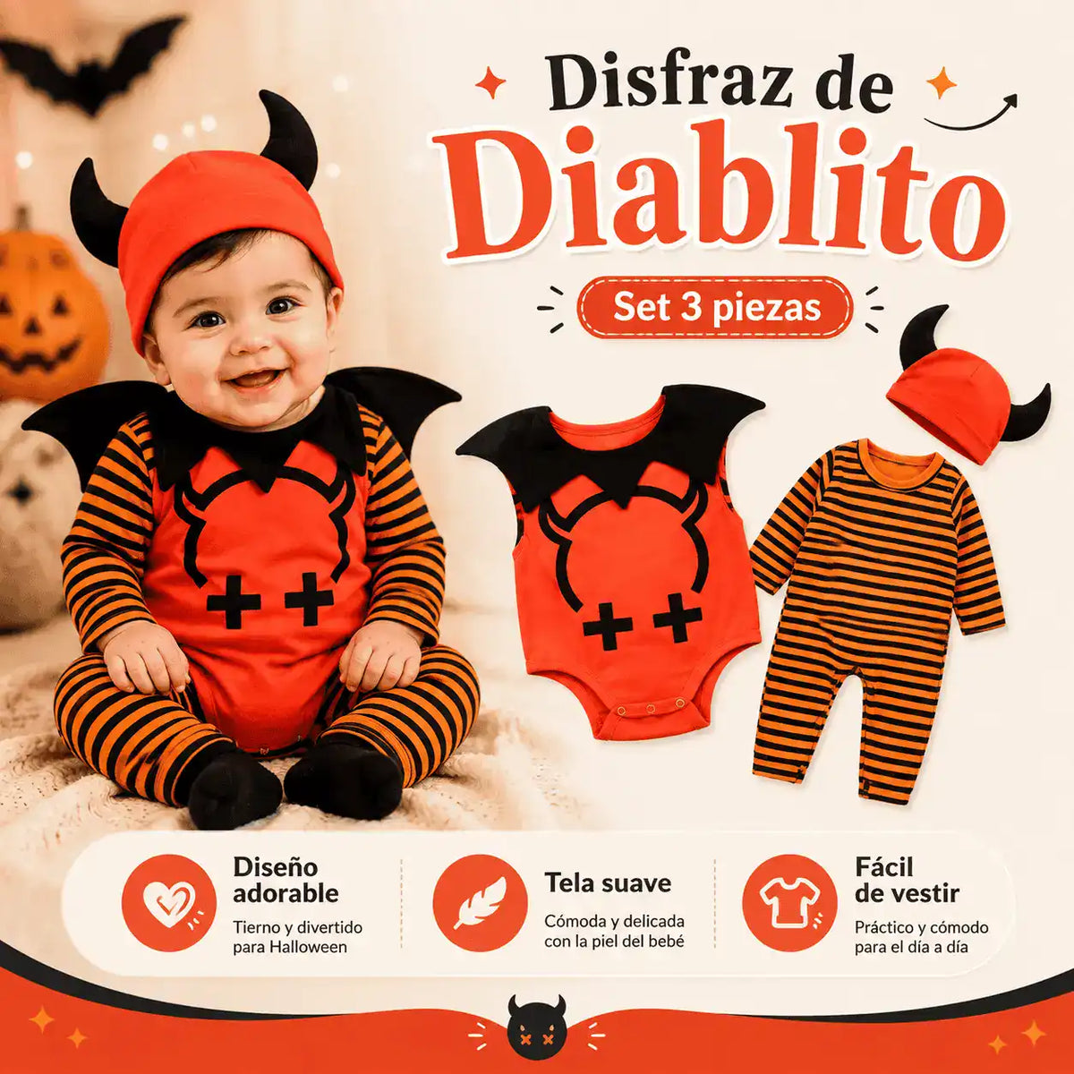 Disfraz de Diablito Halloween Bebé | Set 3 Piezas con Alas