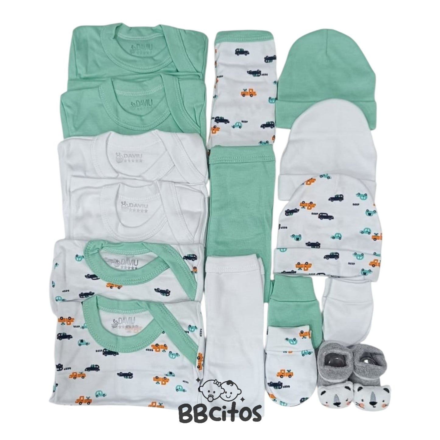 Set Nacimiento Bebé Algodón Hipoalergénico Autitos verde