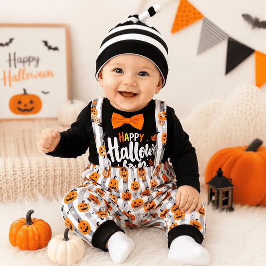 Disfraz Halloween Bebé Niño "Happy Halloween" | Set 3 Piezas con Moño