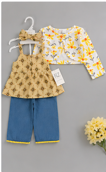 Conjunto Bombacho Niña 4 Piezas | Top Halter + Chaqueta Floral + Pantalón + Cintillo