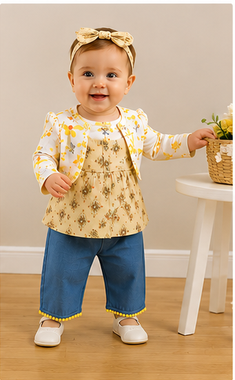 Conjunto Bombacho Niña 4 Piezas | Top Halter + Chaqueta Floral + Pantalón + Cintillo