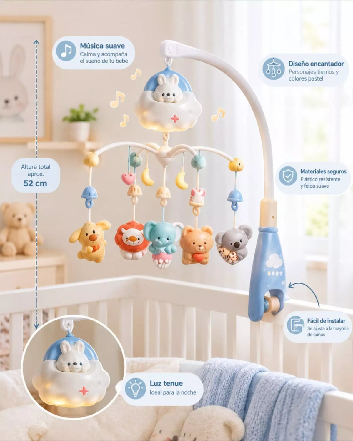 Móvil De Cuna Para Bebés Con Luz Musica Y Control Nube ☁️
