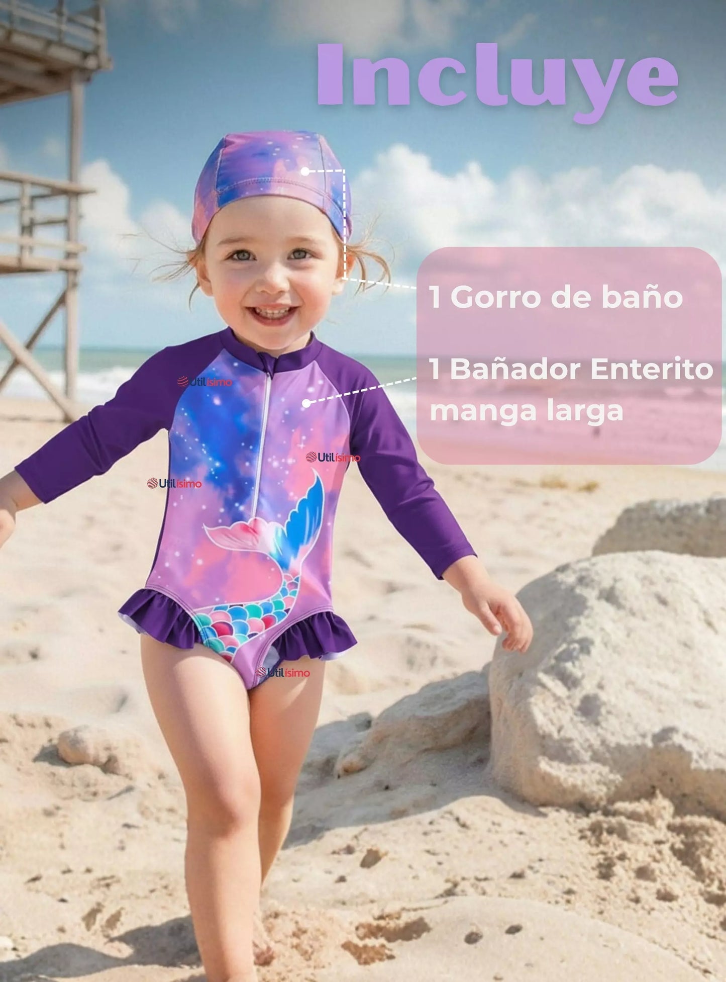 Traje de Baño Manga Larga Sirena con Gorro