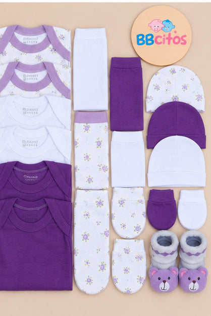 Set Ajuar Nacimiento Bebé Algodón Hipoalergénico Morado