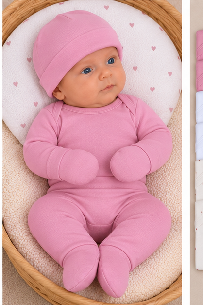 Set Ajuar Nacimiento Bebé Algodón Hipoalergénico Mini corazones