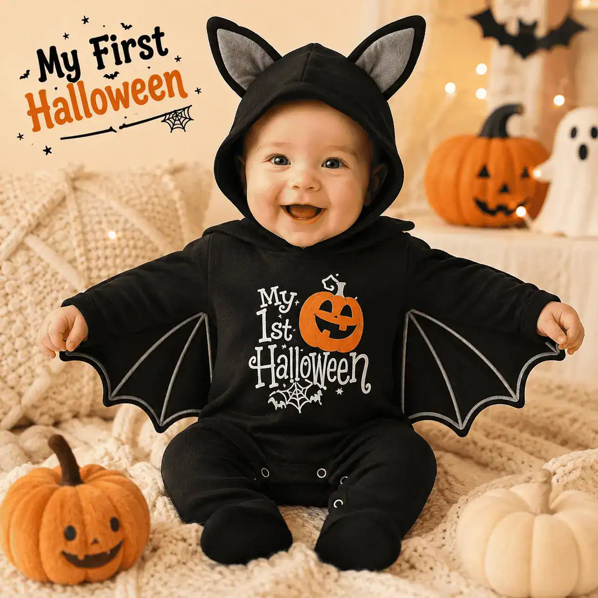 Disfraz Murciélago Bebé "My 1st Halloween" | Enterito con Alas y Capucha
