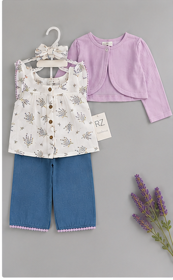 Conjunto Bombacho Niña 4 Piezas | Top Halter + Chaqueta Floral + Pantalón + Cintillo