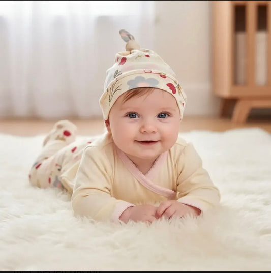Pijama Algodón con Gorro Algodón Flores Crema