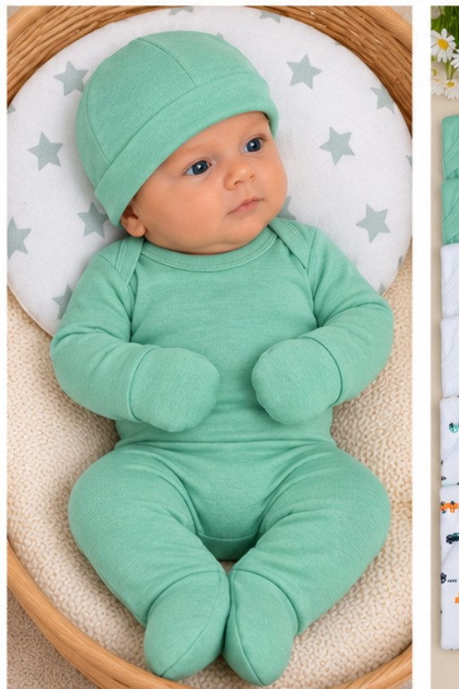 Set Ajuar Nacimiento Bebé Algodón Hipoalergénico Autitos verde