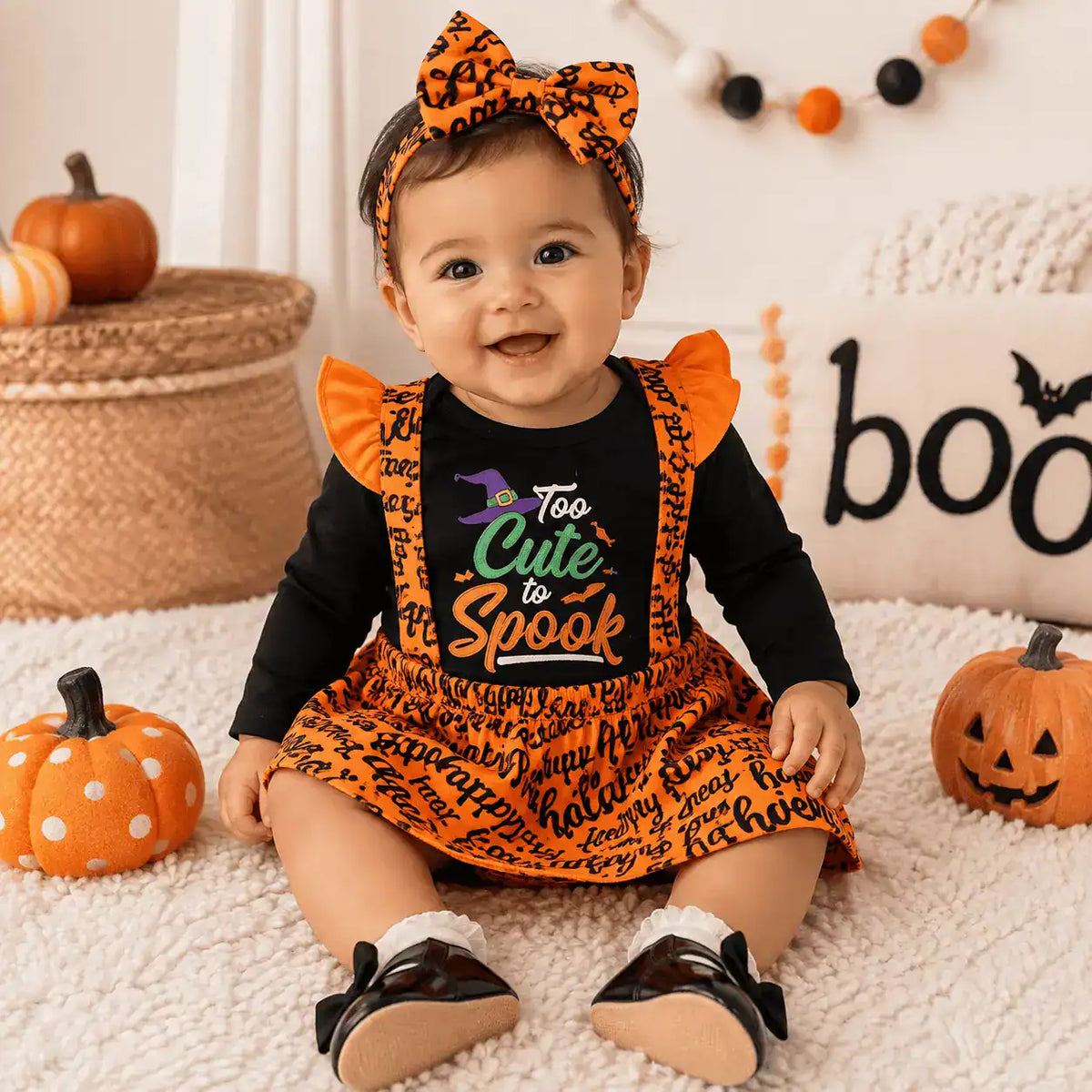 Disfraz Halloween Bebé Niña "Too Cute to Spook" | Set 3 Piezas Naranja