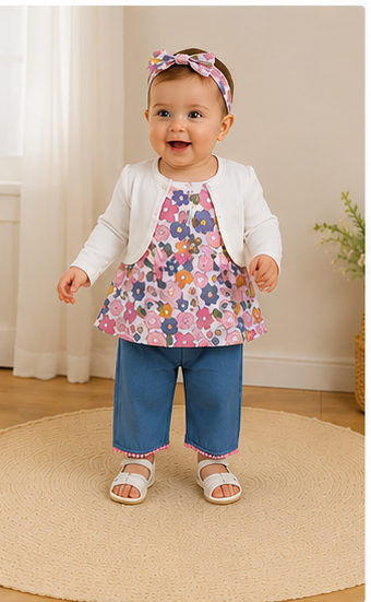 Conjunto Bombacho Niña 4 Piezas | Top Halter + Chaqueta Floral + Pantalón + Cintillo