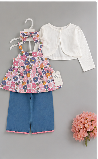 Conjunto Bombacho Niña 4 Piezas | Top Halter + Chaqueta Floral + Pantalón + Cintillo