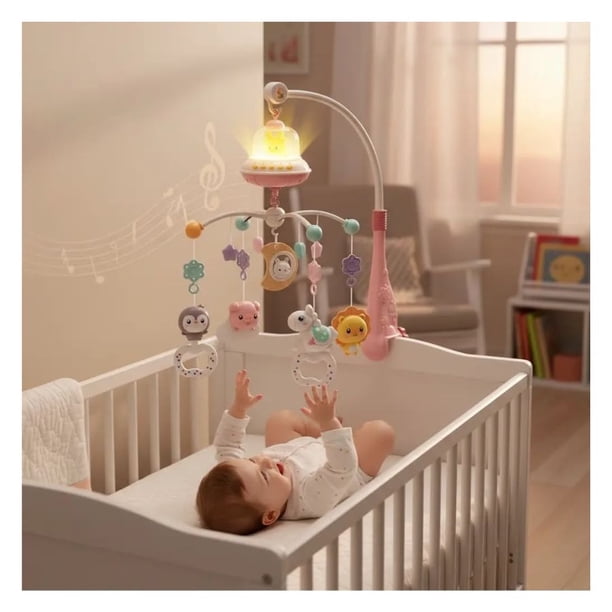 Móvil Cuna Bebé Música Luces Sonajero Giratorio Colgante